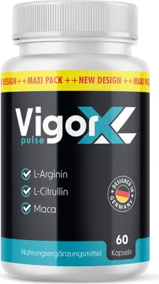A product shot of a bottle of Vigor XL Pulse Kapseln.
