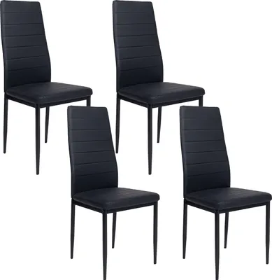 Four black dining chairs are arranged in a studio setting against a white background.