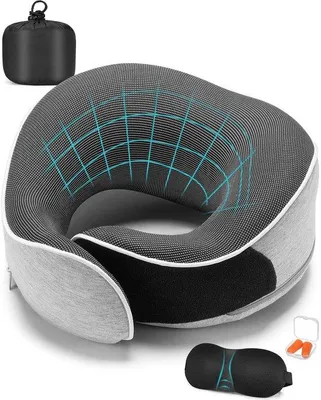 Image de Coussin de voyage orthopédique Unyqoos®, en mousse à mémoire de forme (5 secondes) – réglable grâce à des velcros, compact, housse lavable, inclut des bouchons d'oreille et un masque de sommeil 3D