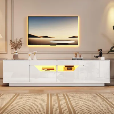Image de Meuble TV avec éclairage LED, 2 tiroirs, 2 compartiments, finition laquée blanche, dimensions : 180 x 40 x 45 cm