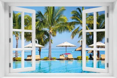Produktbild von Wallario selbstklebendes Poster mit Fenster-Illusion - Sonnenschirme am Südsee-Palmenstrand mit blauem Meer-Wasser, Größe: 61 x 91,50 cm