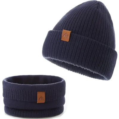 Zdjęcie produktu dla Czapka beanie dla chłopców, zimowa, zestaw z szalikiem, kolor granatowy