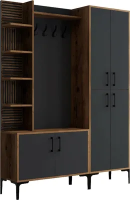 Produktbild von Eingangsmöbel Sponde, Moderner Eingang, Wandgarderobe, Multifunktions-Aufbewahrungskonsole, 150x35 h200 cm, Walnuss und Anthrazit