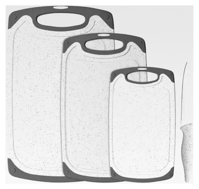 Produktbild von Schneidebrett-Set mit scharfem Messer, 4-teilig, rutschfest, mit Saftrillen, antibakteriell, 3 Größen, BPA-frei, spülmaschinengeeignet, Weiß