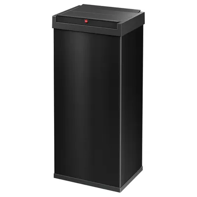 A black rectangular trash can with a lid and a red logo on the front.