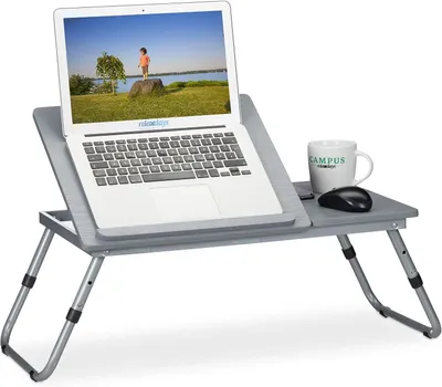 Immagine prodotto di Tavolo regolabile in altezza per laptop - Pieghevole - Piano di lavoro inclinabile - Tavolino da letto per laptop - MDF - 44x73x34,5 cm - Grigio