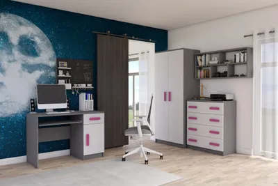 Obrázok produktu pre Kinderzimmer-Set Schrank Wandregal Kommode Schreibtisch rosane Griffe Jonas II 02 (Grau/Weiß)