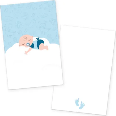 Produktbild von itenga 24x Kärtchen "Baby auf Wolke" hellblau pastell in Visitenkartengröße