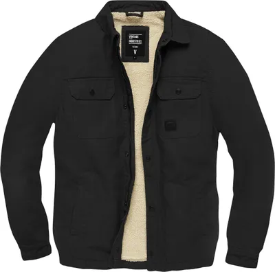 A black jacket with a cream-colored sherpa lining is laid flat against a white background.