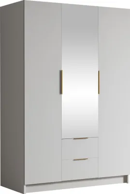 Produktbild von MIRJAN24 Kleiderschrank Calwi II 150, Schlafzimmer, mit Spiegel, Drehtürenschrank, mit Kleiderstange, Modern, Garderobenschrank, Metallgriffe (Farbe: Weiß + Gold)