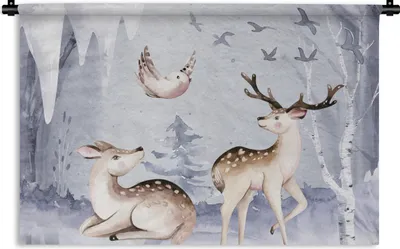 Produktbild von MuchoWow® Wandteppich Wandbehang Winter - Hirsche - Vögel - Schnee 150x100 cm Tapisserie Dekoration Wandtuch - Waschbar - Tapisserien - Wand-Decke