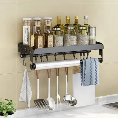 Immagine prodotto di Uniqoos® Porta erbe da appendere – 40 cm, acciaio inossidabile 304, montaggio a parete senza foratura, con portarotolo da cucina e 6 ganci, colore nero