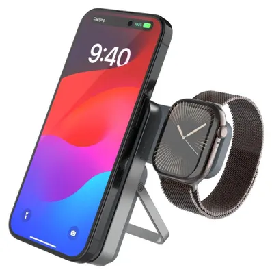 Zdjęcie produktu dla Powerbank FIXED MagZen 5 Stand z wbudowaną ładowarką do Apple Watch i obsługą MagSafe, pojemność 5000 mAh, kolor: szary