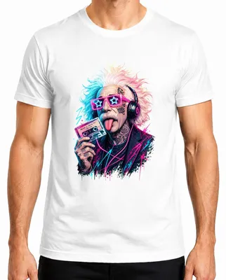 Imagen del producto de Camiseta para hombre, blanca, talla M, con el texto: "Genialidad musical, atemporal", con una cita de Albert Einstein y un toque de sarcasmo, estilo años 80