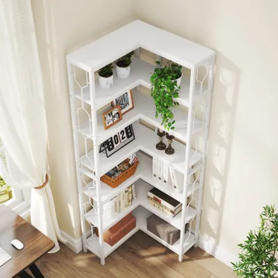 Produktbild von Tribesigns Eck-Bücherregal, 7-stöckiges Industrielles Eckregal, Holz und Metall Ecke Etagere Bücherregal, Freistehendes Lagerregal, Weiß