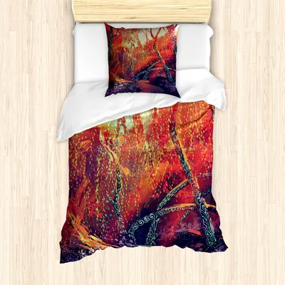 Produktbild von ABAKUHAUS Fantasie Mantele, Herbst-Fall-Landschaft, Milbensicher Allergiker geeignet mit Kissenbezügen, 135 cm x 200 cm - 80 x 80 cm, Lila