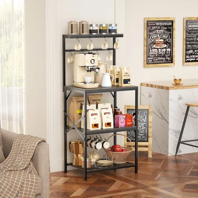 Immagine prodotto di Scaffale da cucina AIORBER a 4 ripiani con 8 ganci, scaffale per microonde in metallo e legno, scaffale regolabile da appoggio per angolo caffè e cucina, stabile con montanti a X, grigio