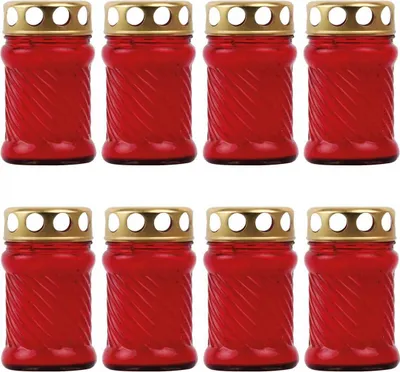 Zdjęcie produktu dla Szklana świeca nagrobna „Rille” – czas palenia 24 godziny, kolor czerwony (pakiet 8 sztuk) – wysokość 10,5 cm, świeca nagrobna odporna na warunki atmosferyczne z pokrywką, świeca pamiątkowa na grób