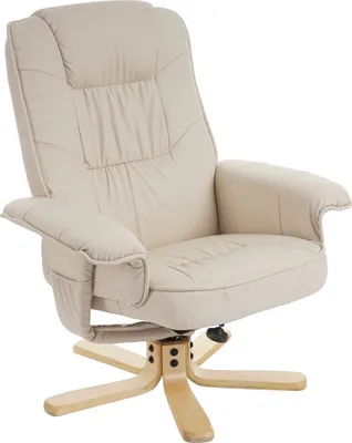 A cream-colored recliner chair with a wooden base.
