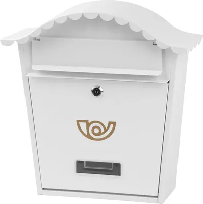 A white mailbox with a decorative scalloped roof and a gold post horn logo.