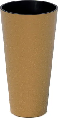 A tall, tapered planter pot with a speckled brown exterior and a black interior.