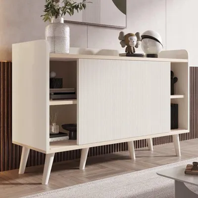 Obrázek produktu pro Komoda bílá - Moderní design - 117,5 x 39,5 x 79 cm - Úložná skříň - S zásuvkami a posuvnými dvířky