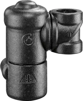 A black plumbing fitting shown in isolation against a black background.