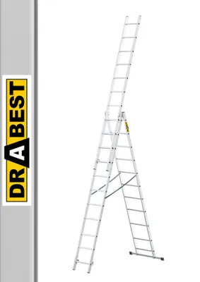 A multi-purpose aluminum ladder is shown in an extended configuration against a white background.