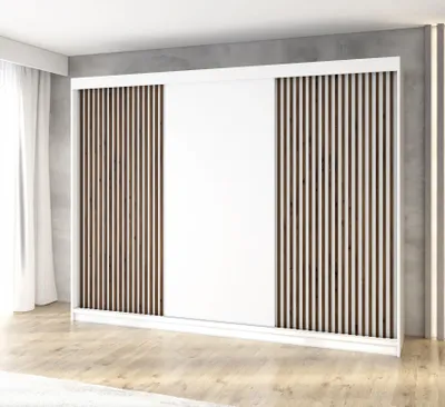 Produktbild von Schwebetürenschrank, 3-türig Schrank mit 4 Schubladen, und 3D-Lamellen Premum! Moderne Garderobe für Kleidung. Verschiedene Farben (Weiß, Schwarz, Somona) Kleiderschrank IOSA 200 cm