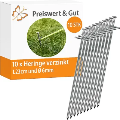 Produktbild von 10x Heringe verzinkt L23cm und Ø6mm mit Quernagel und Nagelkopf Zeltheringe Silber Hering zum Vorzeltteppich befestigen
