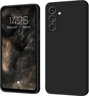 A black silicone phone case is shown from the front and back, with the front displaying a phone screen.