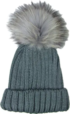 Produktbild von Damen Beanie Strickmütze mit Fellbommel - Dunkelgrau