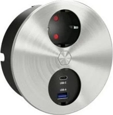 Obrázok produktu pre Duplex E dvojitý USB A+C, zásuvkový prvok, okrúhly, so zásuvkou Schuko, nerezová oceľ