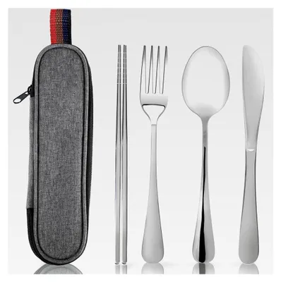 Produktbild von Camping Besteckset für 1 Person, Edelstahl Reisebesteck mit Etui, Besteck für Unterwegs