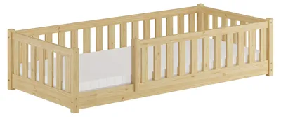 Produktbild von Kinderbett, Holzbett 90x200 mit Rundumsicherung Kiefer natur lackiert V-60.77-09Rollrost und Matratze inkl.