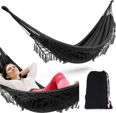 Produktbild von di volio brasilianische Premium Hängematte BARI mit Fransen im Boho-Look - Hängeliege für zwei Personen 200 x 150 cm (schwarz)