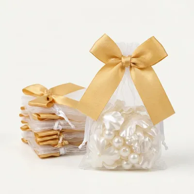 Imagen del producto de Bolsas de organza blancas con cinta dorada, 50 unidades, 10 x 15 cm, para regalos