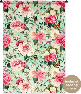 Produktbild von MuchoWow® Wandteppich Wandbehang Blumen - Rosa - Schmetterling 90x135 cm Tapisserie Dekoration Wandtuch - Baumwolle - Wandskulptur