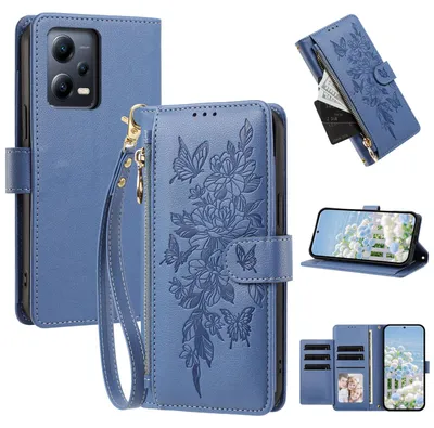 Image de Étui pour Xiaomi Poco X5/Redmi Note 12 5G, étui en cuirPolyuréthanede type portefeuille avec compartiments, support pour cartes et dragonne, couleur bleu foncé