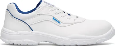 A white safety shoe with blue accents is shown against a white background.