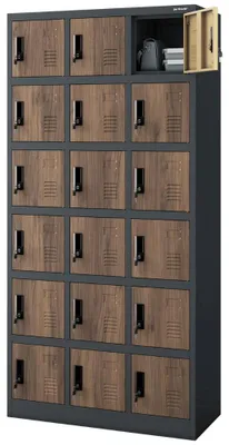 Produktbild von Schließfachschrank Spind KAROL 18 Fächer Etikettenhalter Lüftungsschlitze | Wertfachschrank Umkleideschrank Metall Kleiderspind 185x90x40cm Anthrazit-Nussbaum