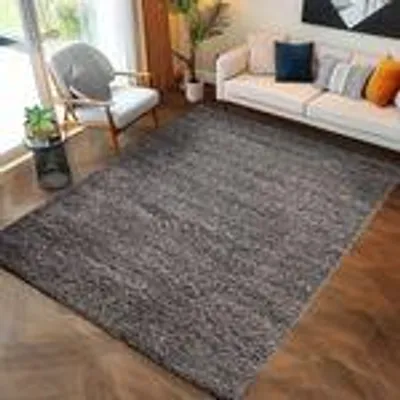 A living room scene with a rug, sofa, and chair.