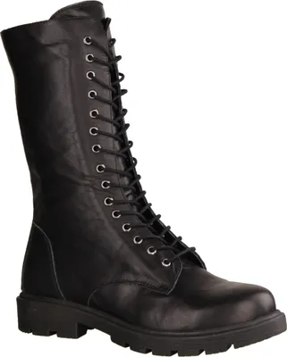 A black leather lace-up boot is shown against a white background.