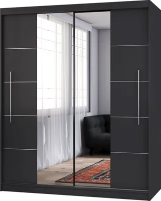 Produktbild von Schwebetürenschrank Kleiderschrank Schrank Garderobe Torino mit Spiegel und Zierleisten SCHWARZ/SCHWARZ 200cm