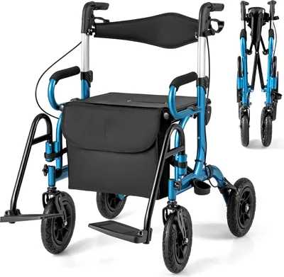 Produktbild von COSTWAY 2v1 rolátor a invalidný vozík skladací so sedadlom, pneumatikami, taškou a držiakom na palicu, pomôcka na chôdzu 6-cestne výškovo nastaviteľný do 140 kg hliníková modrá