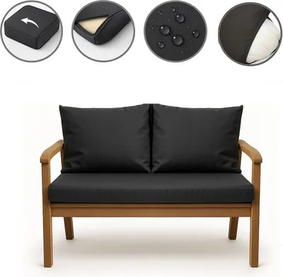 A wooden garden bench with black cushions, shown against a white background. Four circular insets at the top display details of the cushion.