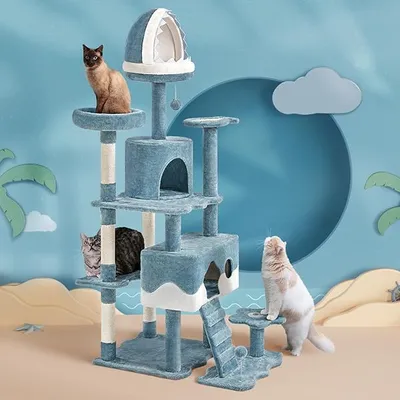 A multi-level cat tree with several cats interacting with it, set against a stylized beach and ocean background.