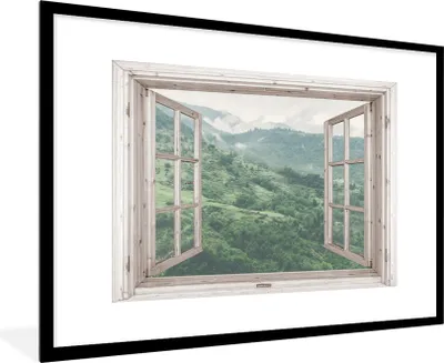Produktbild von MuchoWow® Gerahmtes Poster Aussicht - Berg - Holz 90x60 cm - Poster mit Schwarzem Bilderrahmen Wandposter Rahmen Foto Bilder - Wanddekoration - Fotos
