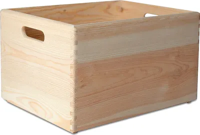 A wooden crate with handles, shown from a slightly elevated side angle against a white background.