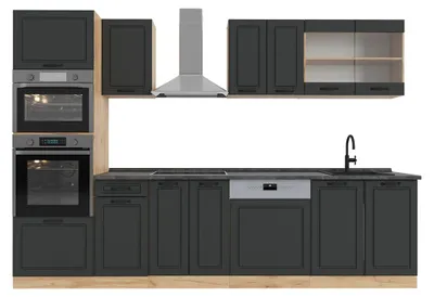 Immagine prodotto di Cucina componibile Vicco R-Line Antracite rustico/rovere dorato 300 cm con armadio alto, senza piano di lavoro, Model 53589